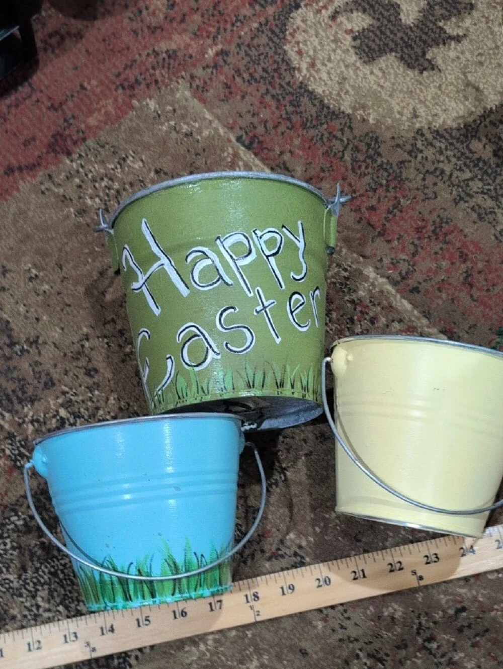 Hand-Painted Metal Buckets - Yellow, Green, Light Blue - Set Of 3